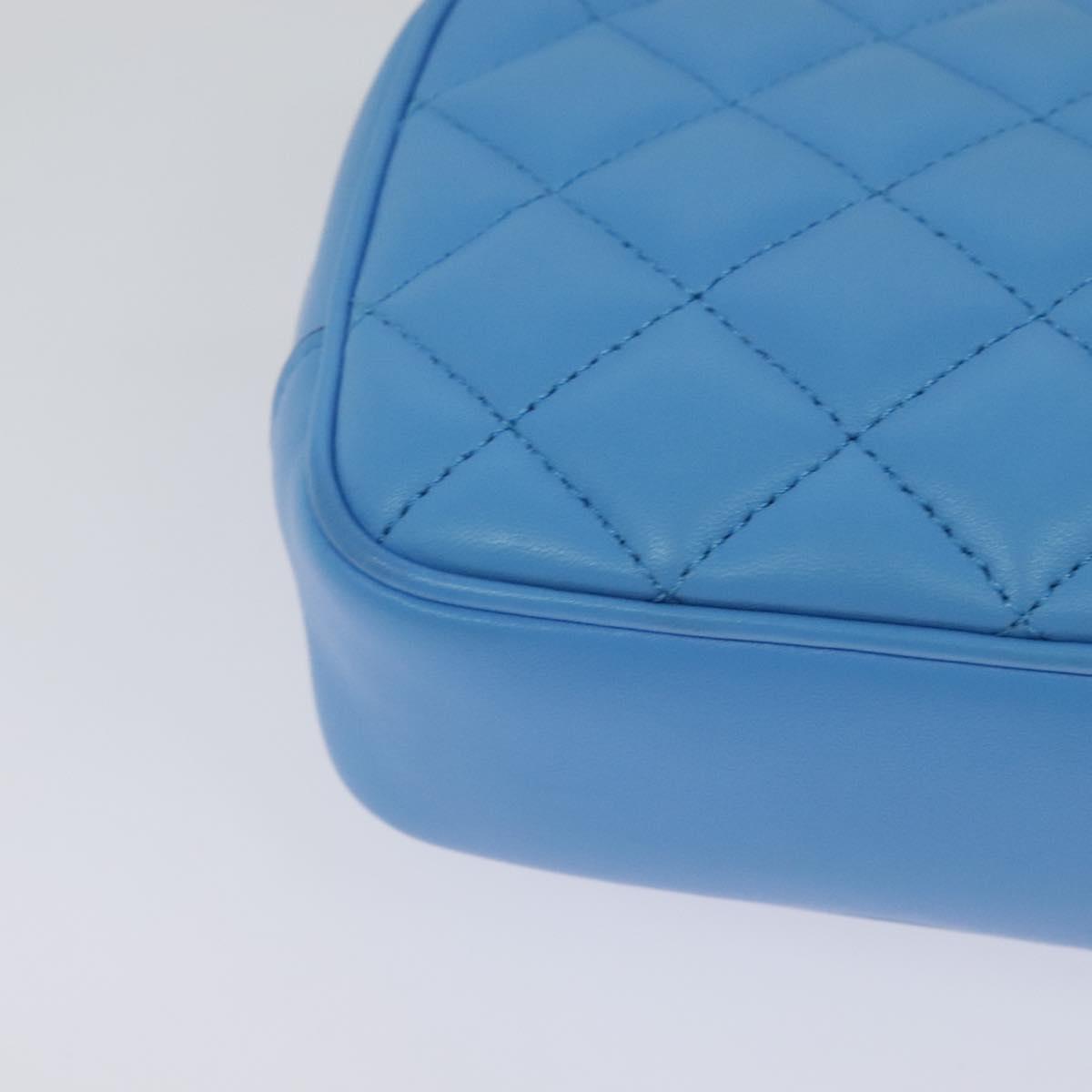 VERSACE Quilted Chain Shoulder Bag Leather Blue Gold Auth 120479