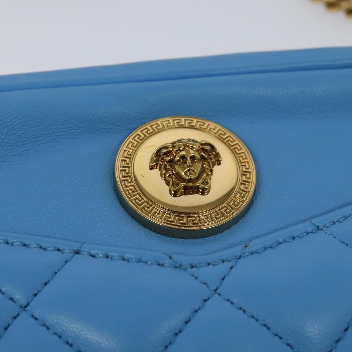 VERSACE Quilted Chain Shoulder Bag Leather Blue Gold Auth 120479