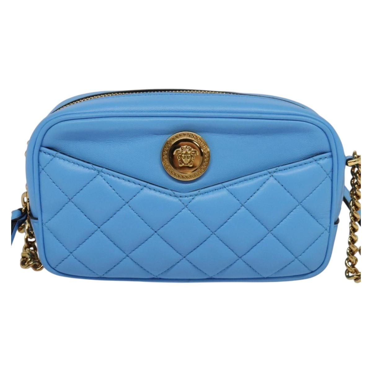 VERSACE Quilted Chain Shoulder Bag Leather Blue Gold Auth 120479