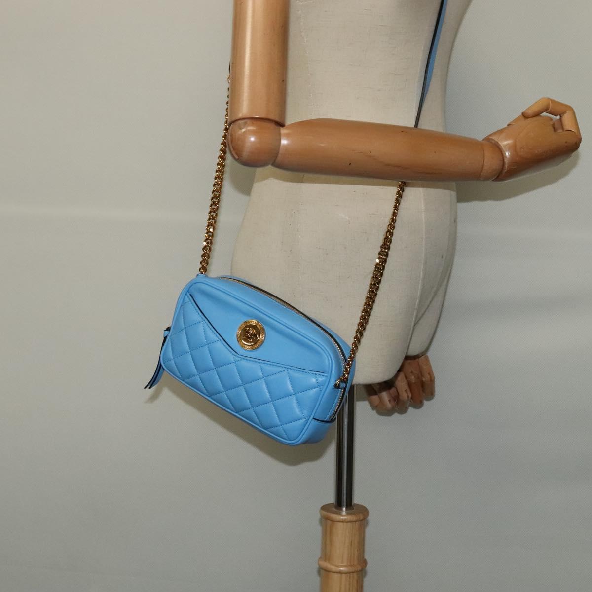 VERSACE Quilted Chain Shoulder Bag Leather Blue Gold Auth 120479A