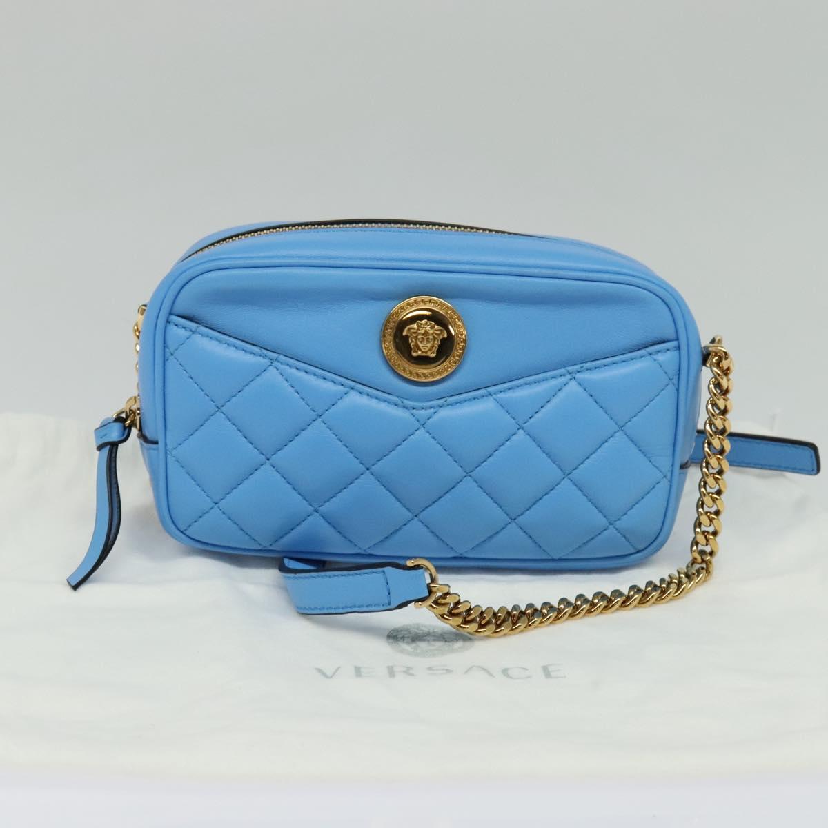 VERSACE Quilted Chain Shoulder Bag Leather Blue Gold Auth 120479