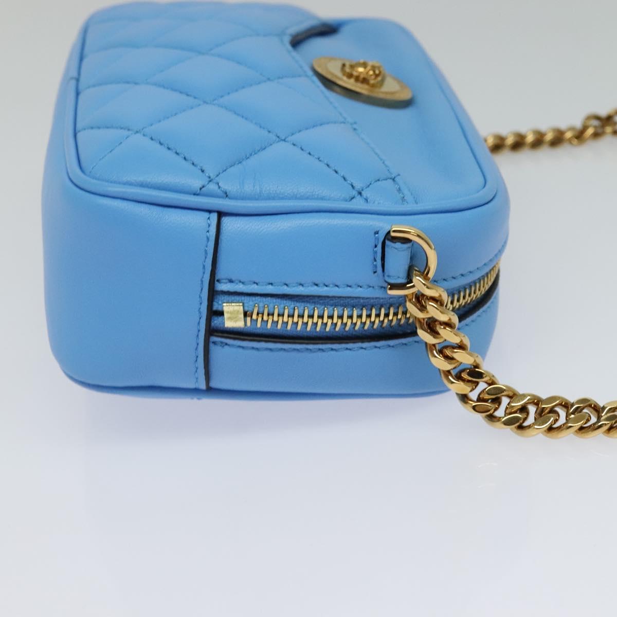 VERSACE Quilted Chain Shoulder Bag Leather Blue Gold Auth 120479A