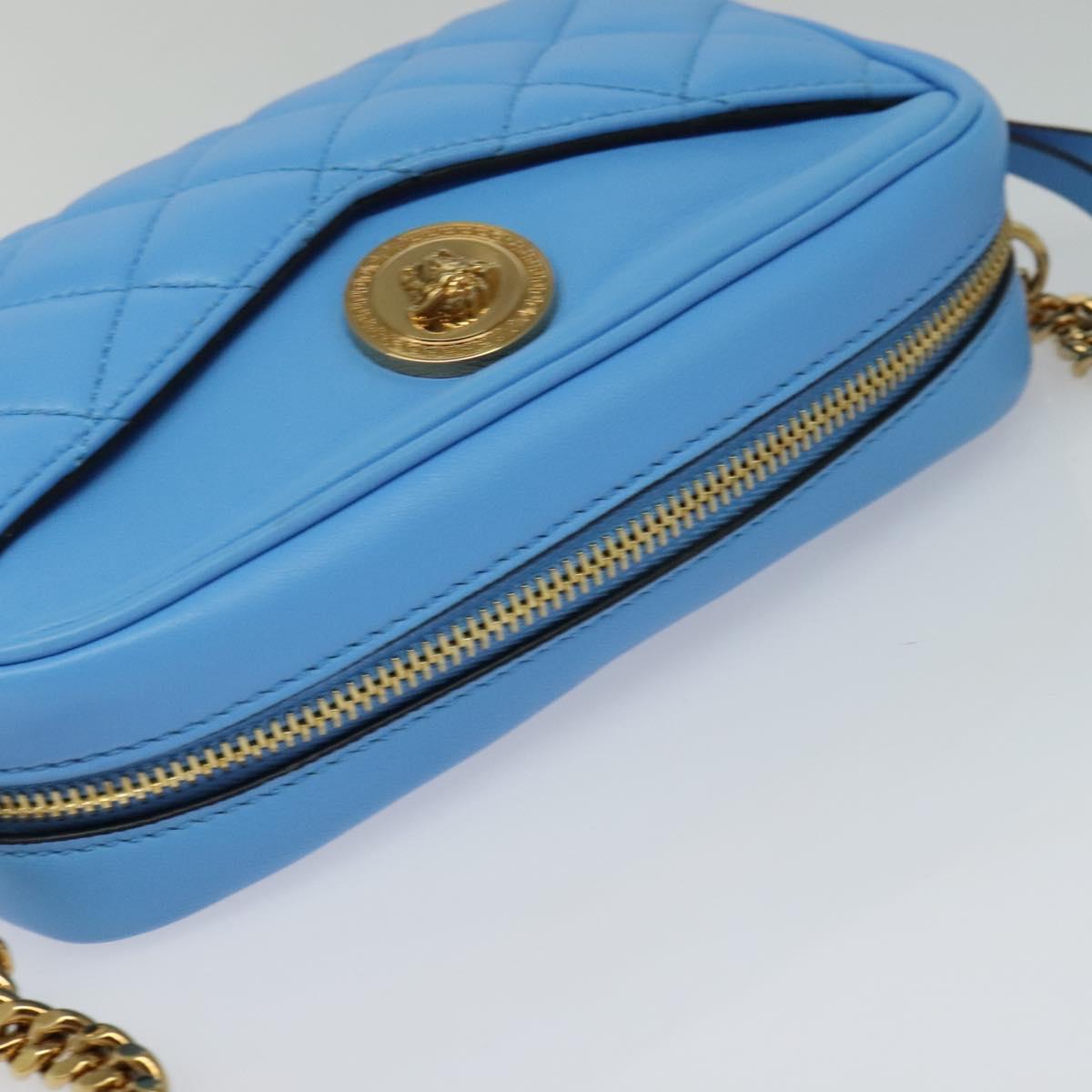 VERSACE Quilted Chain Shoulder Bag Leather Blue Gold Auth 120479A
