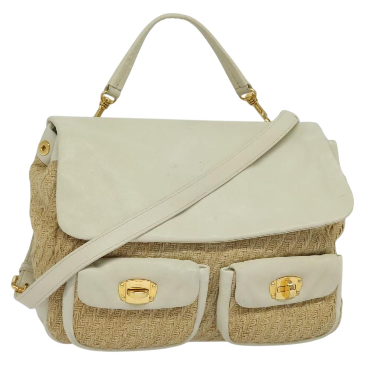 Miu Miu Hand Bag Leather Straw 2way Beige Gold Auth 120561