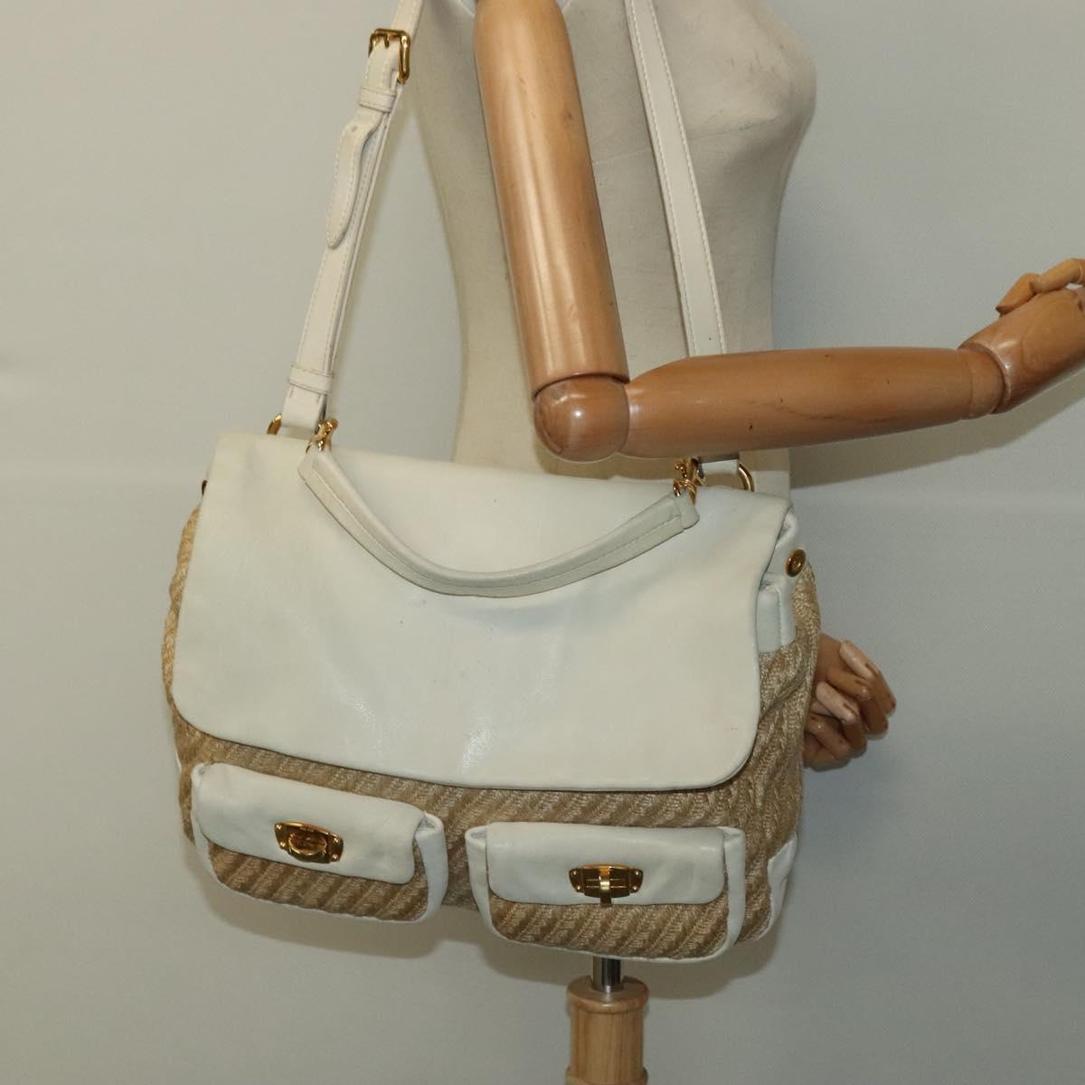 Miu Miu Hand Bag Leather Straw 2way Beige Gold Auth 120561