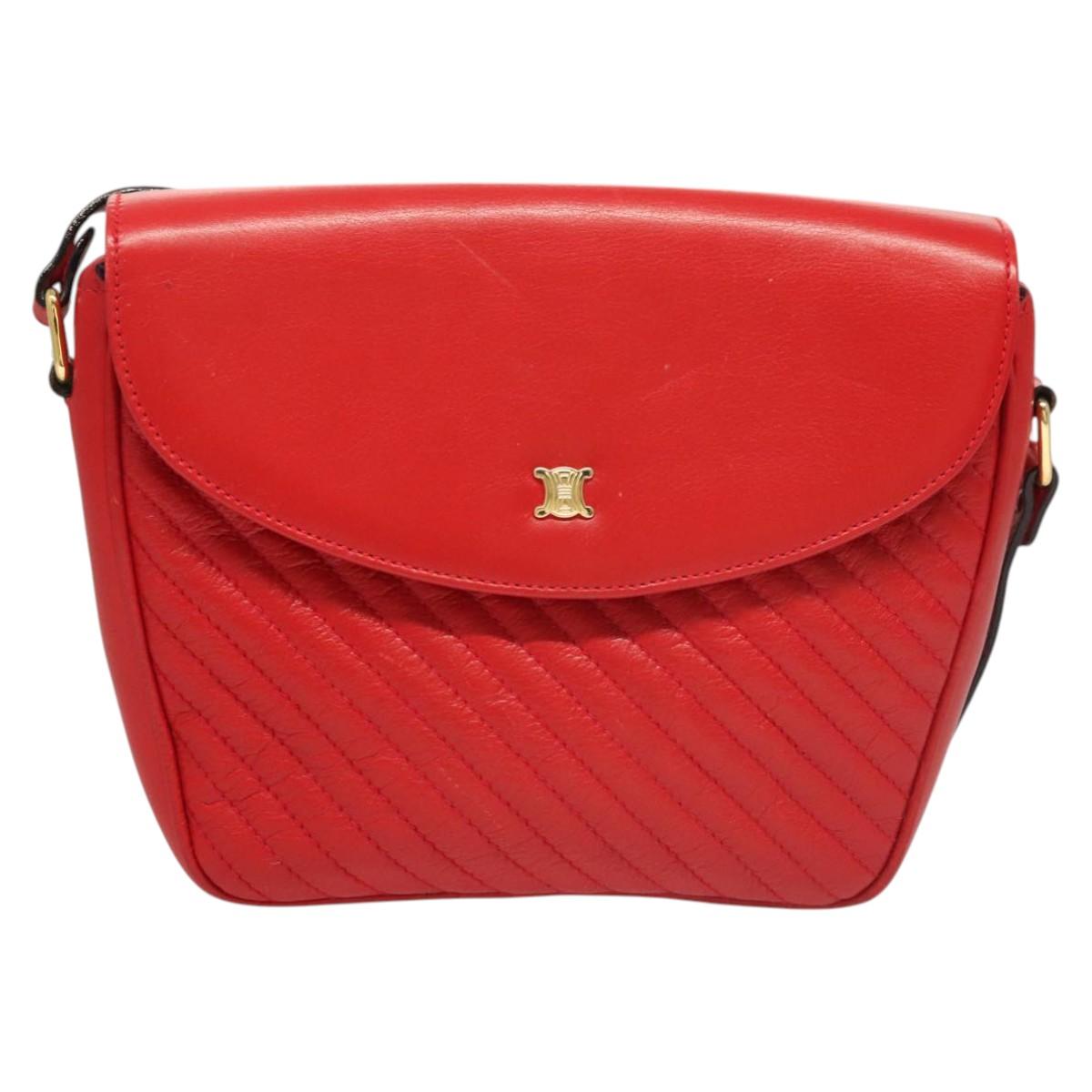 CELINE Shoulder Bag Leather Red Gold Auth 120568