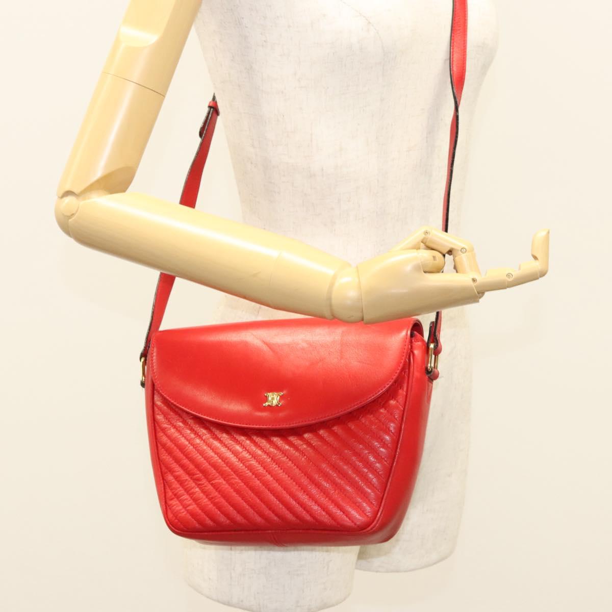 CELINE Shoulder Bag Leather Red Gold Auth 120568