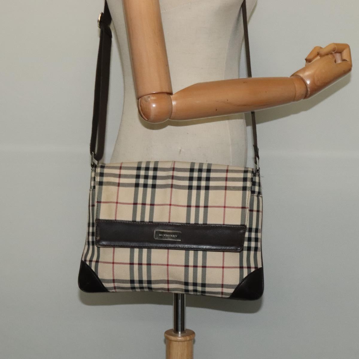 BURBERRY Nova Check Shoulder Bag Nylon Beige Silver Auth 120589