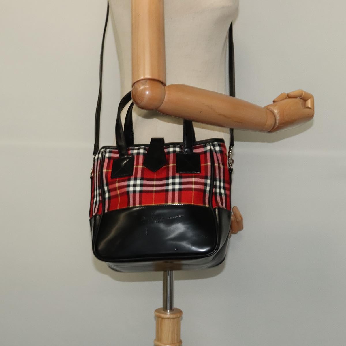 Burberrys Nova Check Blue Label Hand Bag Nylon Red Silver Auth 120591