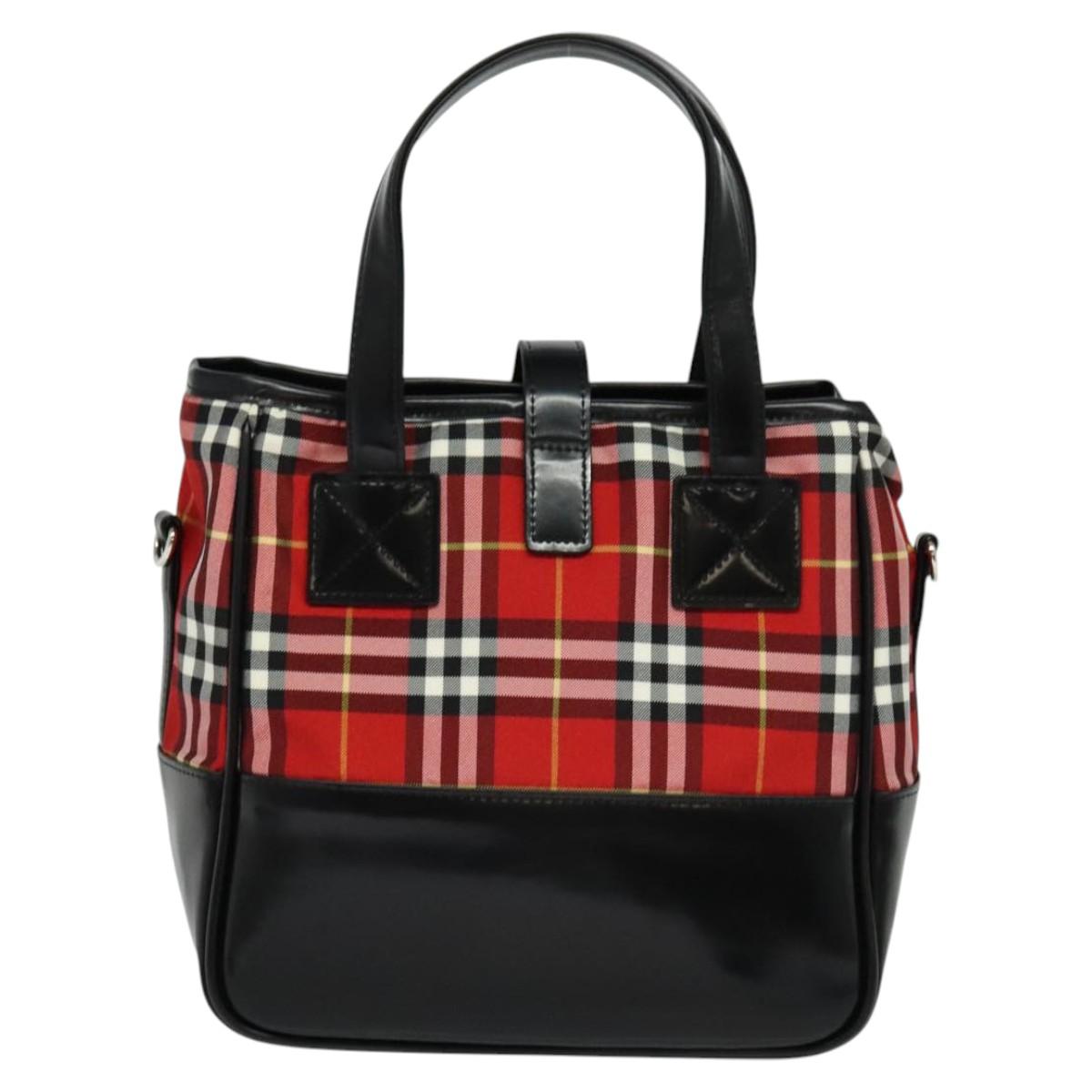 Burberrys Nova Check Blue Label Hand Bag Nylon Red Silver Auth 120591