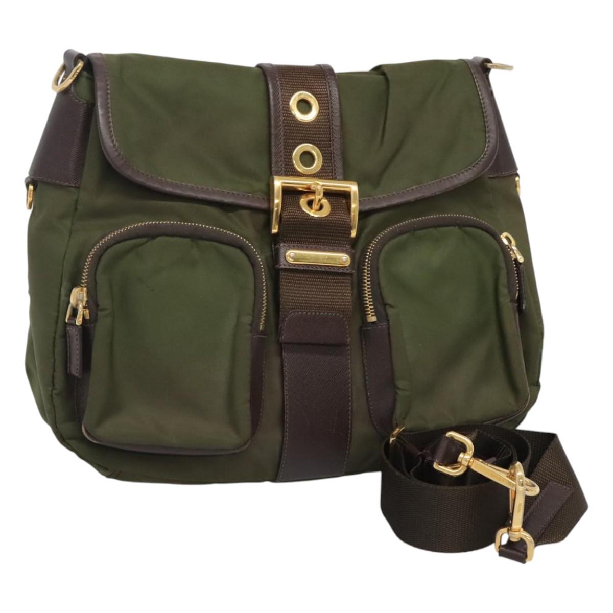 PRADA Shoulder Bag Nylon Khaki Gold Auth 120599