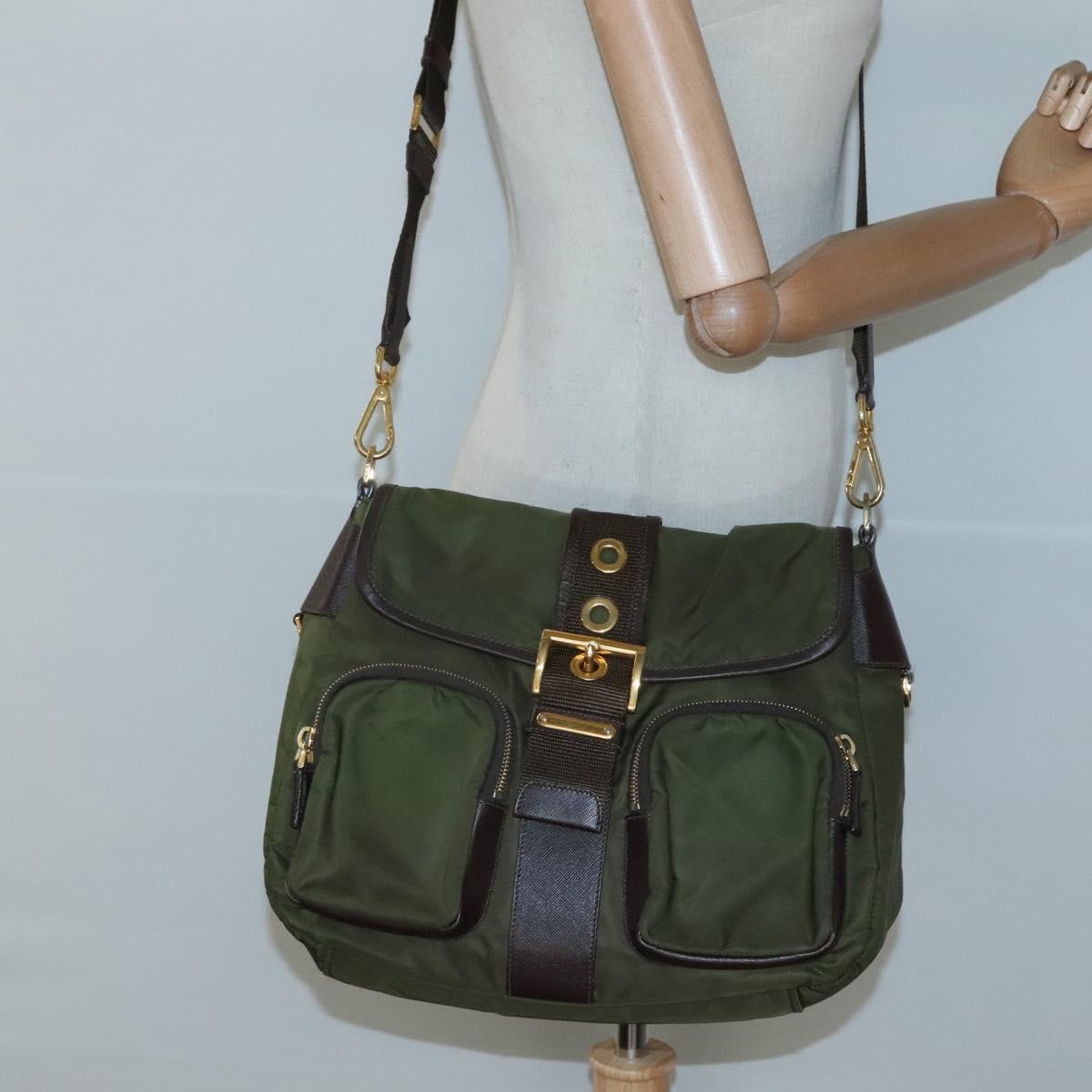 PRADA Shoulder Bag Nylon Khaki Gold Auth 120599