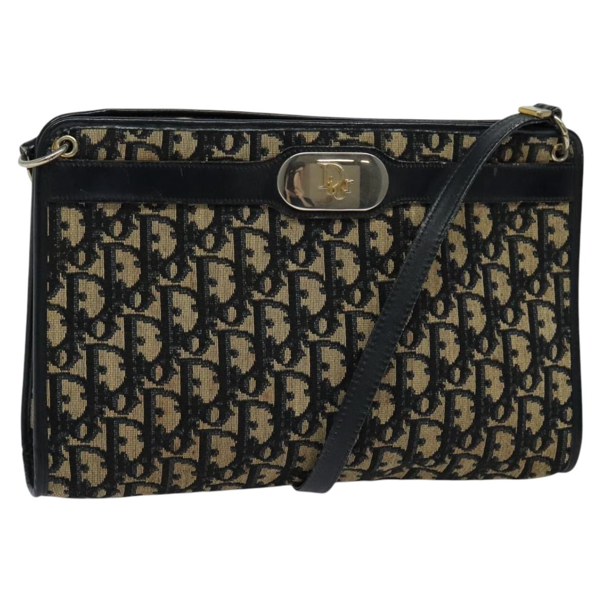 Christian Dior Trotter Canvas Shoulder Bag Navy Gold Auth 120603