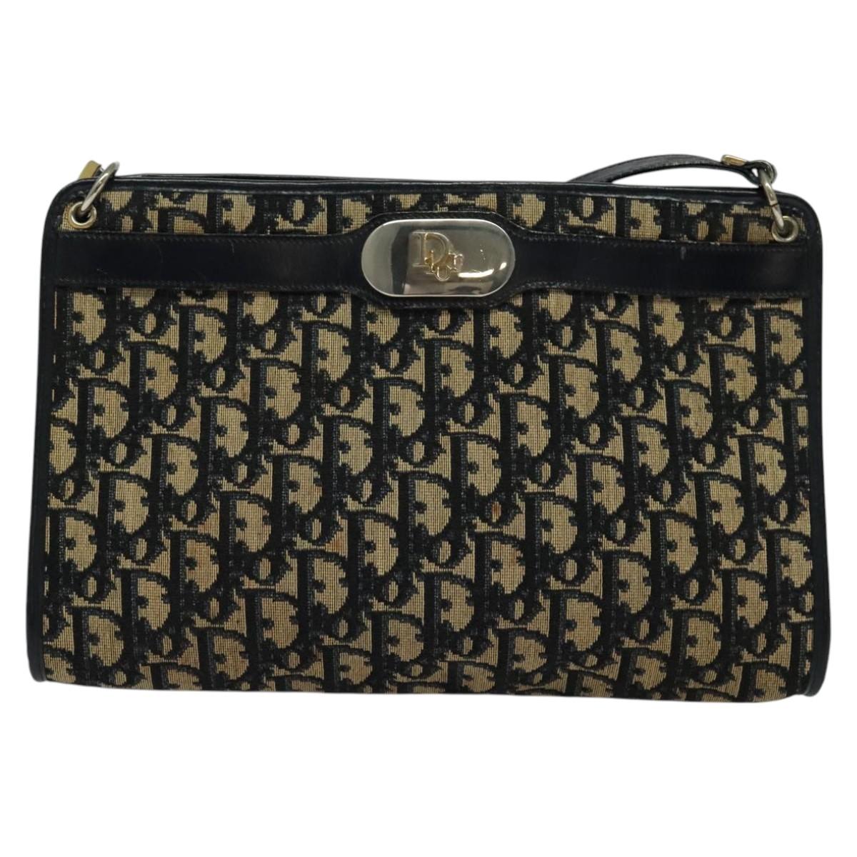 Christian Dior Trotter Canvas Shoulder Bag Navy Gold Auth 120603