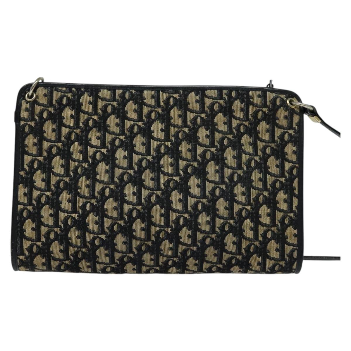 Christian Dior Trotter Canvas Shoulder Bag Navy Gold Auth 120603