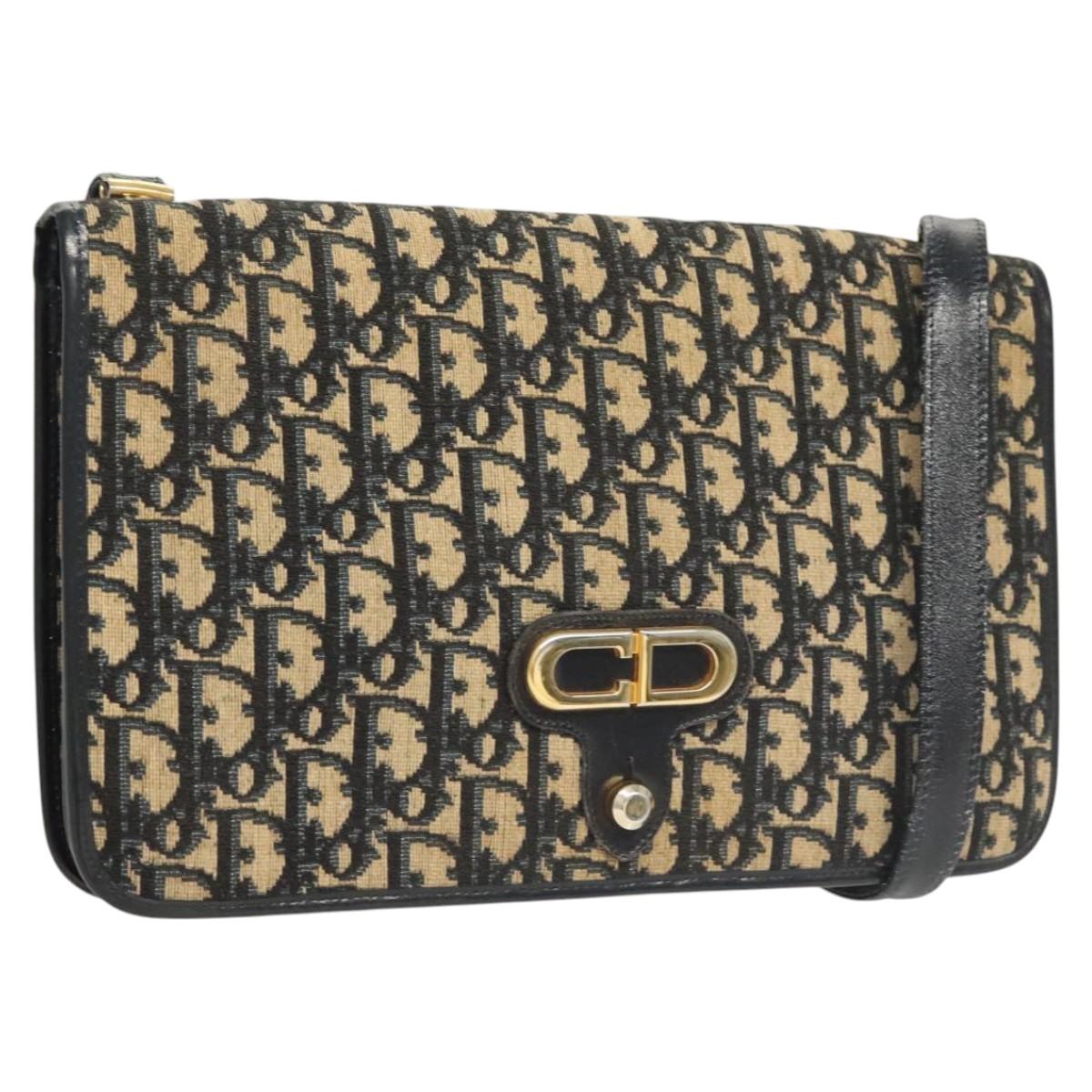 Christian Dior Trotter Canvas Shoulder Bag Navy Gold Auth 120610