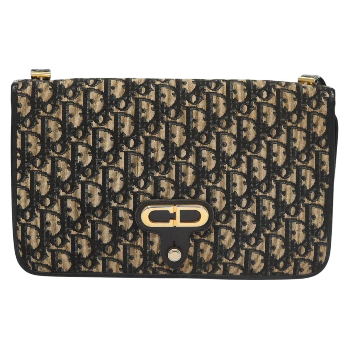 Christian Dior Trotter Canvas Shoulder Bag Navy Gold Auth 120610