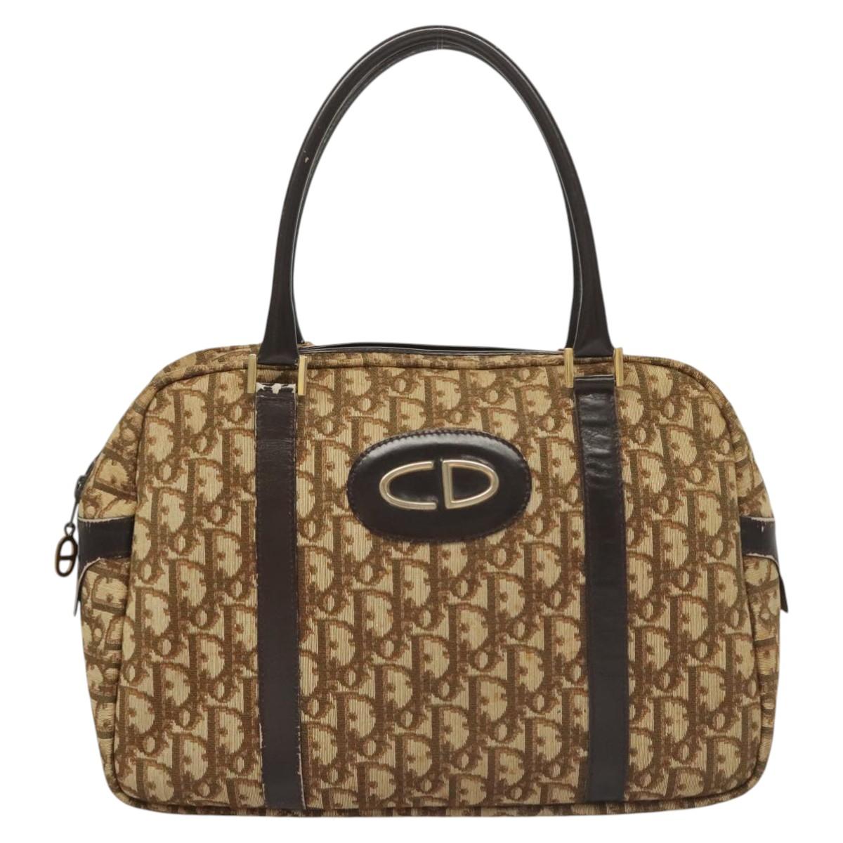 Christian Dior Trotter Canvas Hand Bag Brown Gold Auth 120616