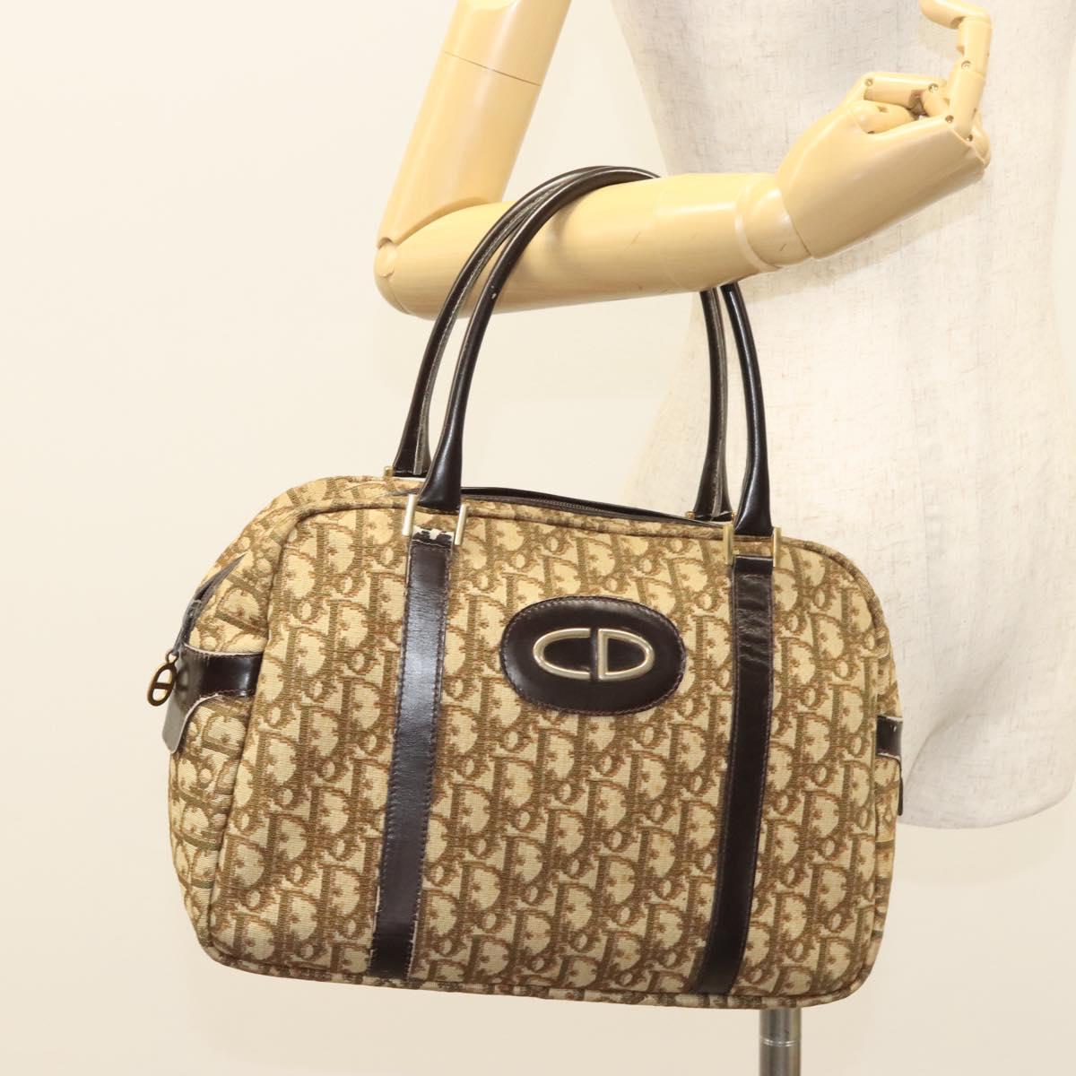 Christian Dior Trotter Canvas Hand Bag Brown Gold Auth 120616