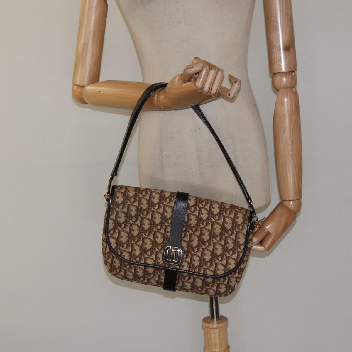 Christian Dior Trotter Canvas Shoulder Bag Brown Gold Auth 120625