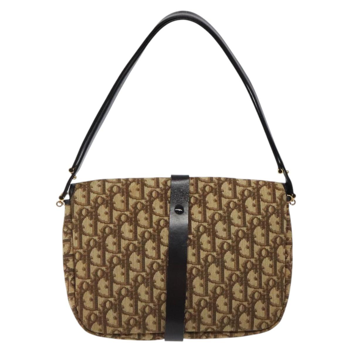 Christian Dior Trotter Canvas Shoulder Bag Brown Gold Auth 120625