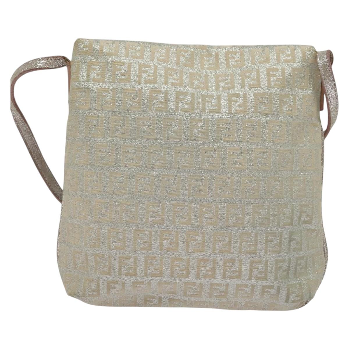 FENDI Zucchino Canvas Shoulder Bag Silver Gold Auth 120637