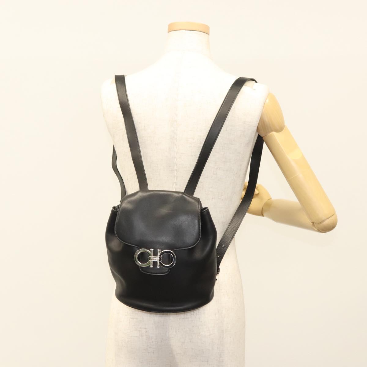Salvatore Ferragamo Gancini Backpack Leather Black Silver Auth 120651