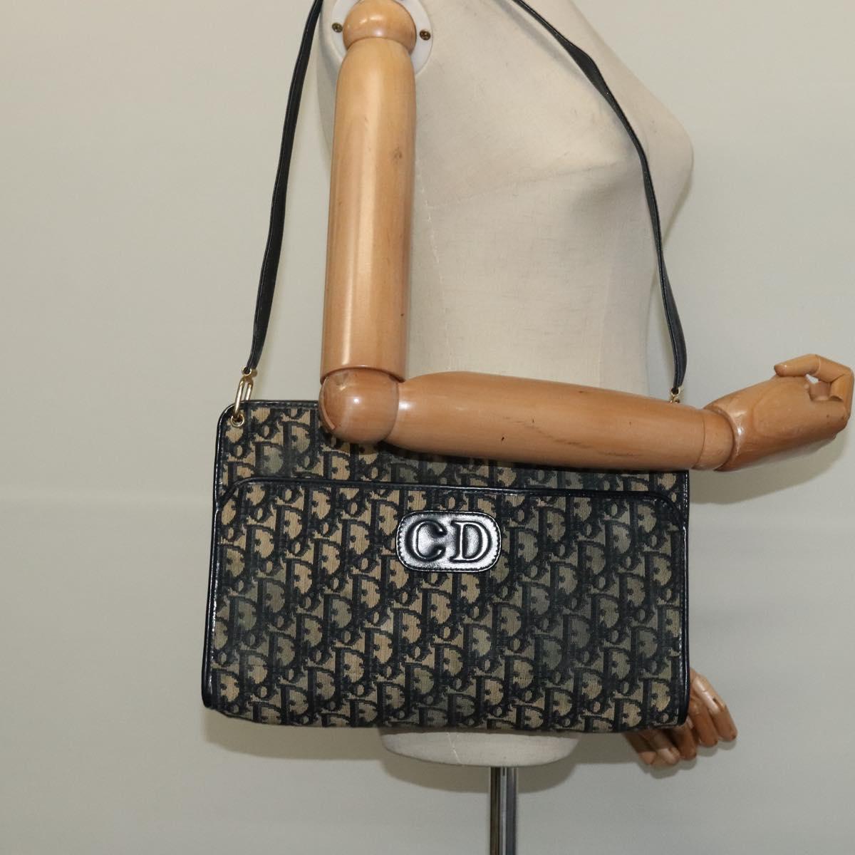 Christian Dior Trotter Canvas Shoulder Bag Navy Gold Auth 120706