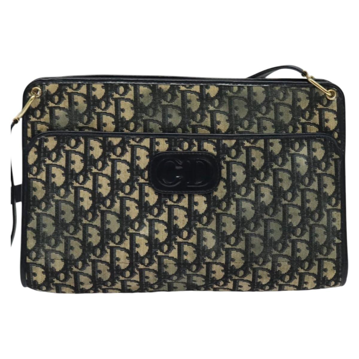 Christian Dior Trotter Canvas Shoulder Bag Navy Gold Auth 120706