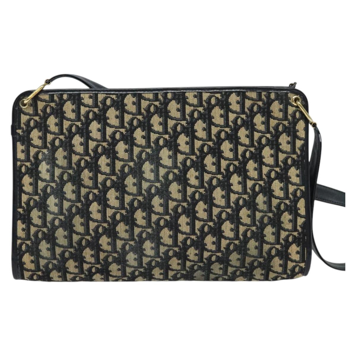 Christian Dior Trotter Canvas Shoulder Bag Navy Gold Auth 120706