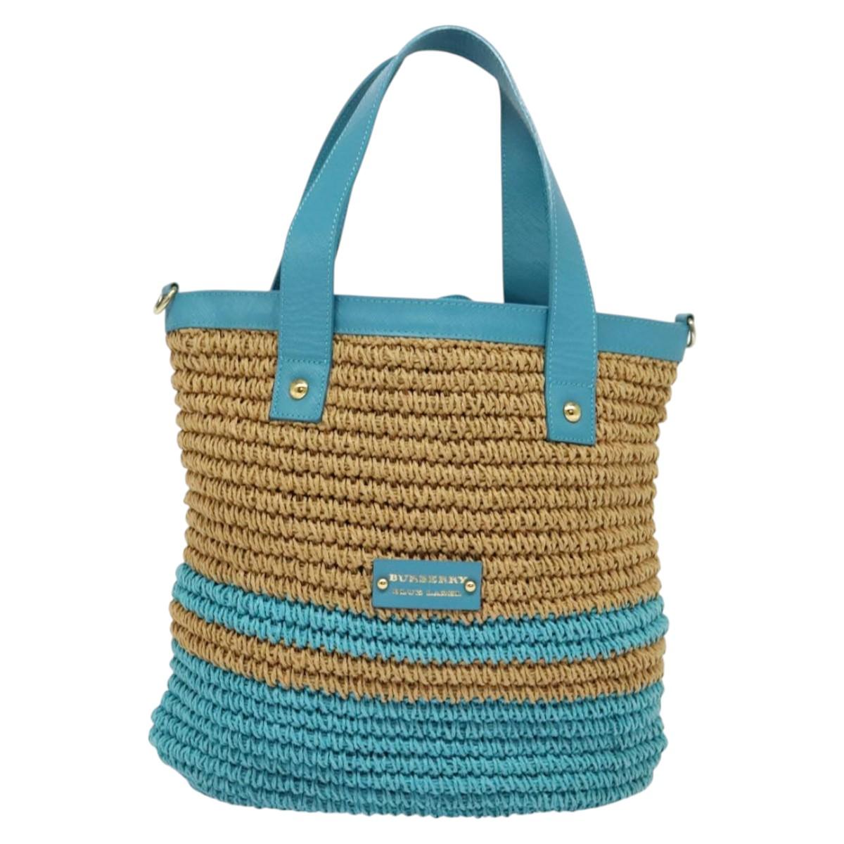 BURBERRY Blue Label Hand Bag Straw 2way Blue Gold Auth 120707