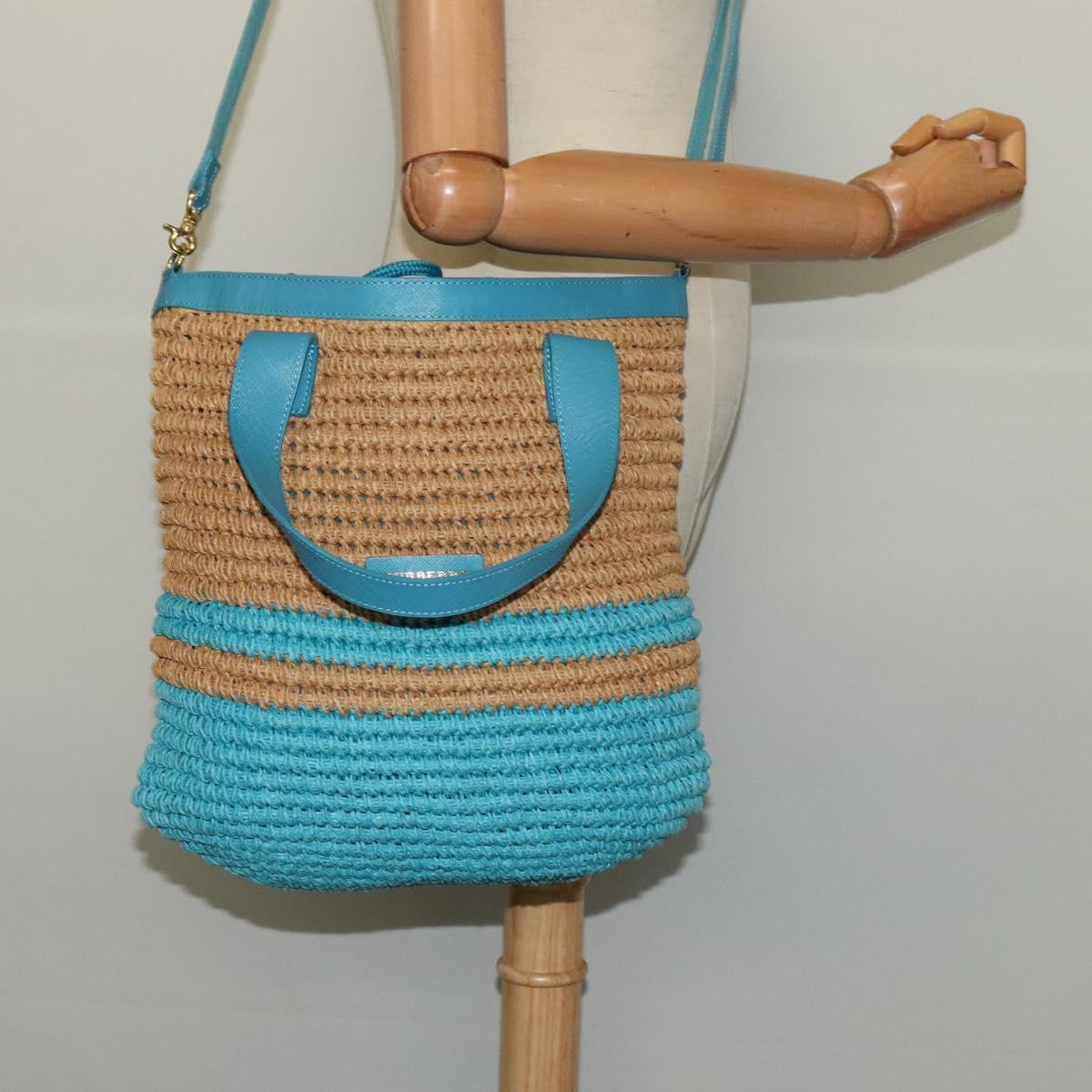 BURBERRY Blue Label Hand Bag Straw 2way Blue Gold Auth 120707