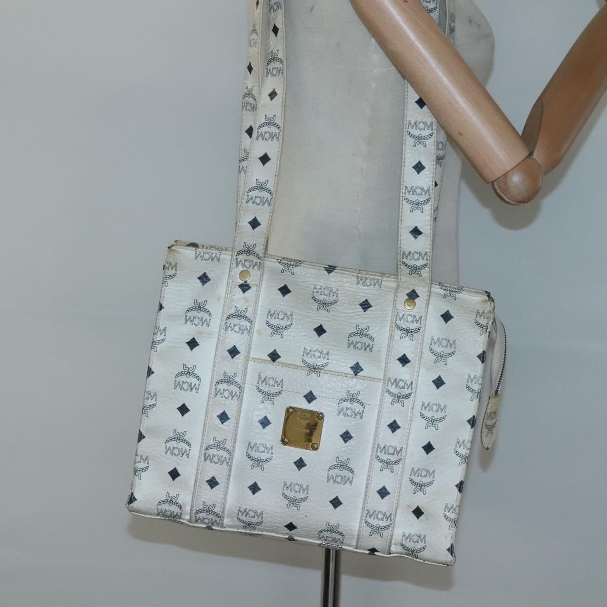 MCM Logogram Vicetos Tote Bag PVC Leather White Gold Auth 120736