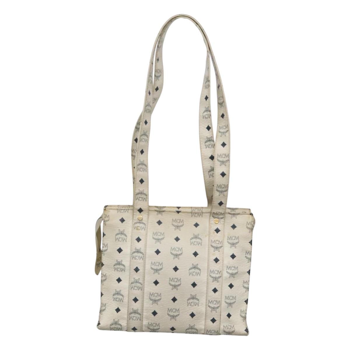 MCM Logogram Vicetos Tote Bag PVC Leather White Gold Auth 120736