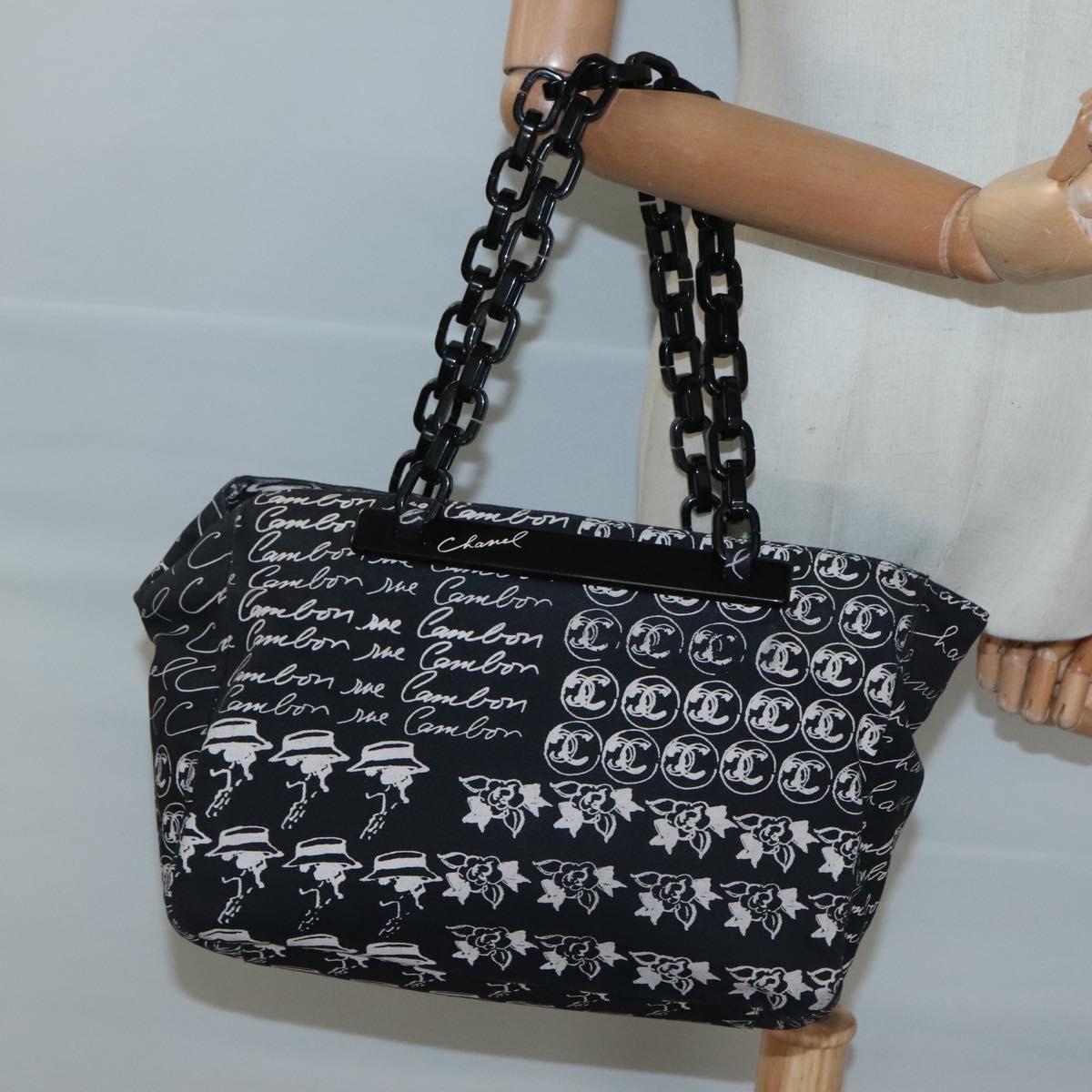 CHANEL Chain Tote Bag Canvas Black CC Auth 120748