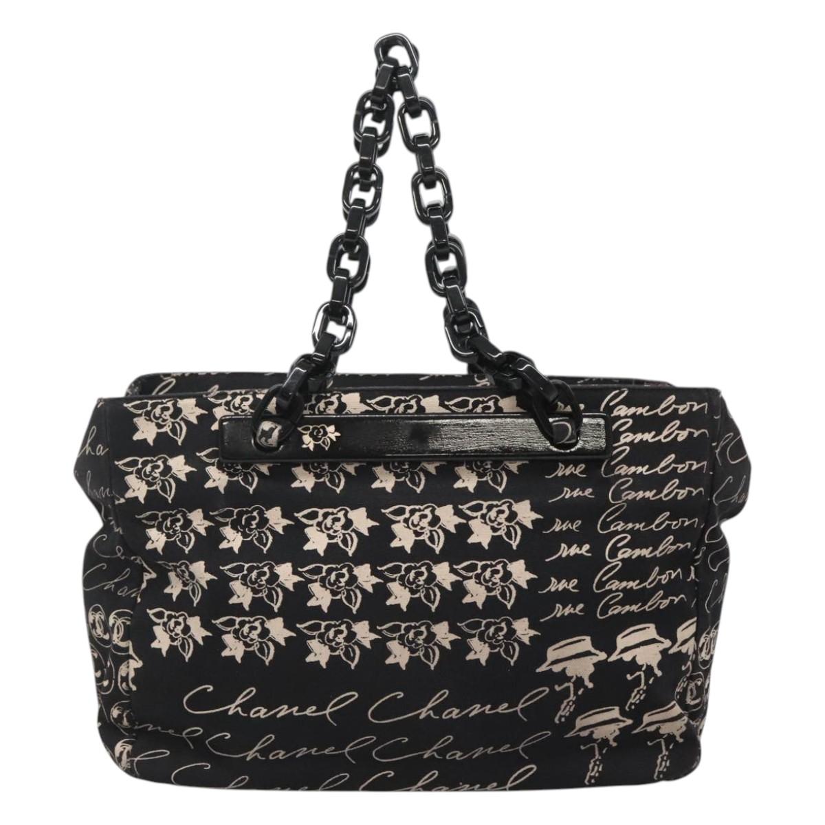 CHANEL Chain Tote Bag Canvas Black CC Auth 120748