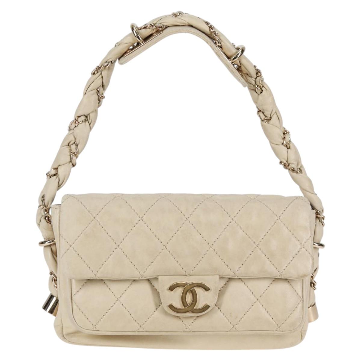 CHANEL Wild Stitch Shoulder Bag Lamb Skin Cream Gold CC Auth 120752