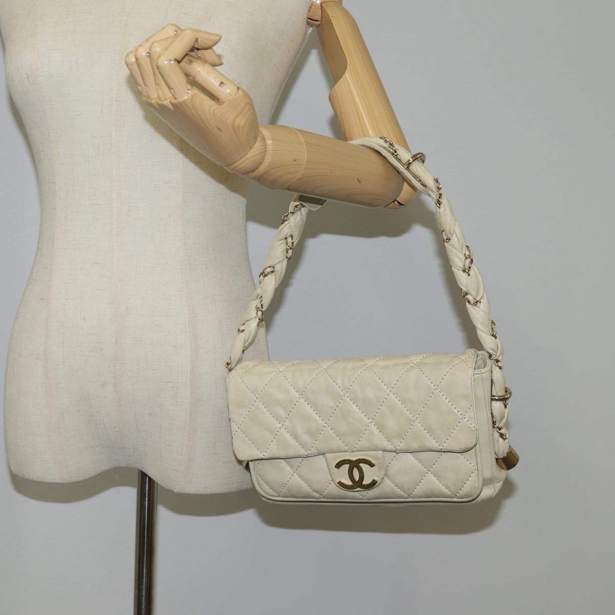 CHANEL Wild Stitch Shoulder Bag Lamb Skin Cream Gold CC Auth 120752
