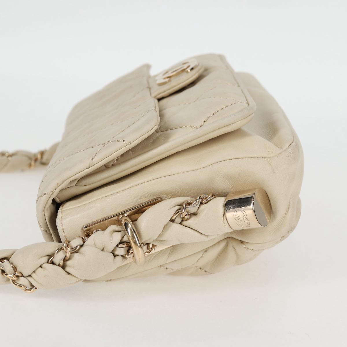 CHANEL Wild Stitch Shoulder Bag Lamb Skin Cream Gold CC Auth 120752