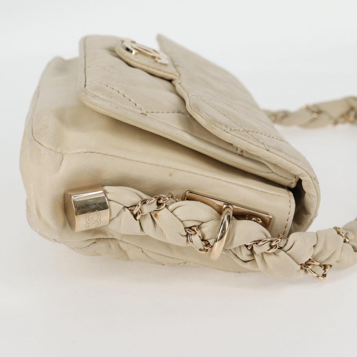 CHANEL Wild Stitch Shoulder Bag Lamb Skin Cream Gold CC Auth 120752