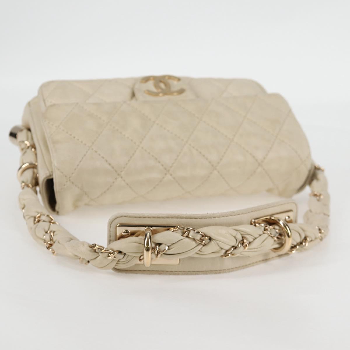 CHANEL Wild Stitch Shoulder Bag Lamb Skin Cream Gold CC Auth 120752