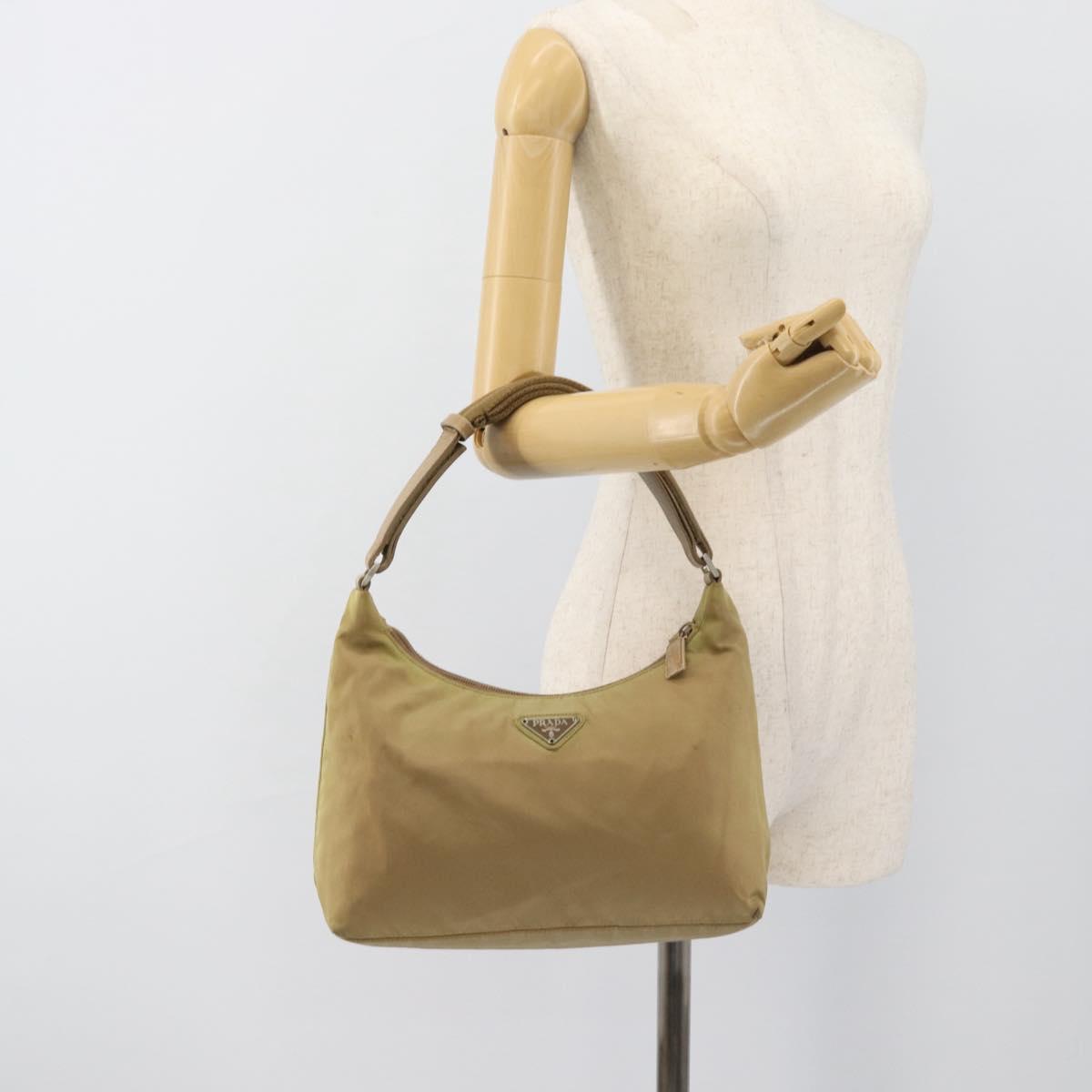 PRADA Shoulder Bag Nylon Beige Silver Auth 120814