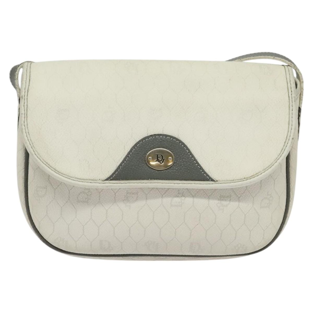Christian Dior Honeycomb Canvas Shoulder Bag PVC White Gold Auth 120830