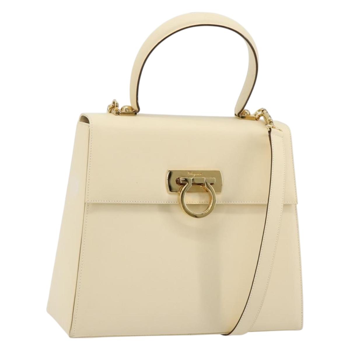 Salvatore Ferragamo Gancini Hand Bag Leather 2way Cream Gold Auth 120844