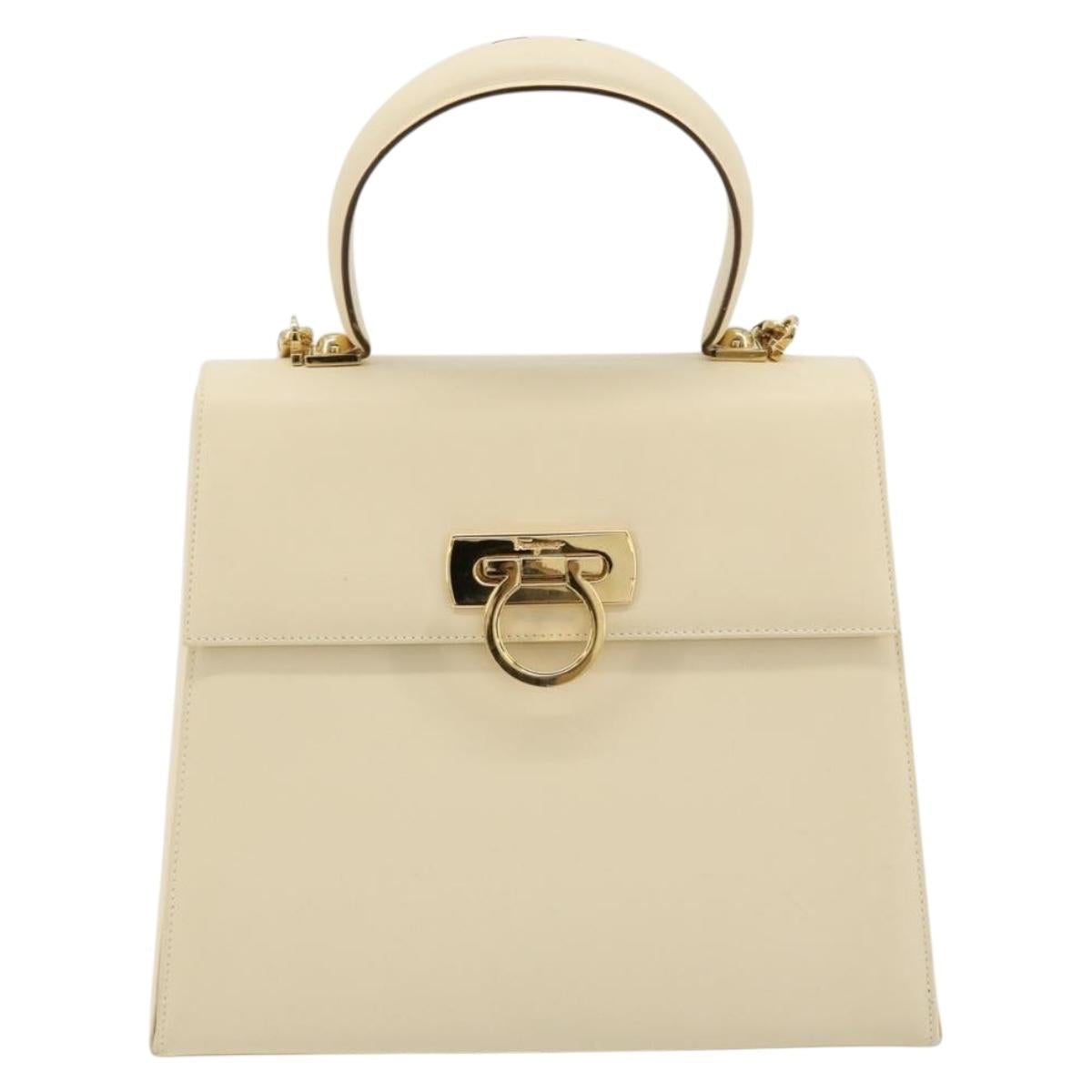 Salvatore Ferragamo Gancini Hand Bag Leather 2way Cream Gold Auth 120844