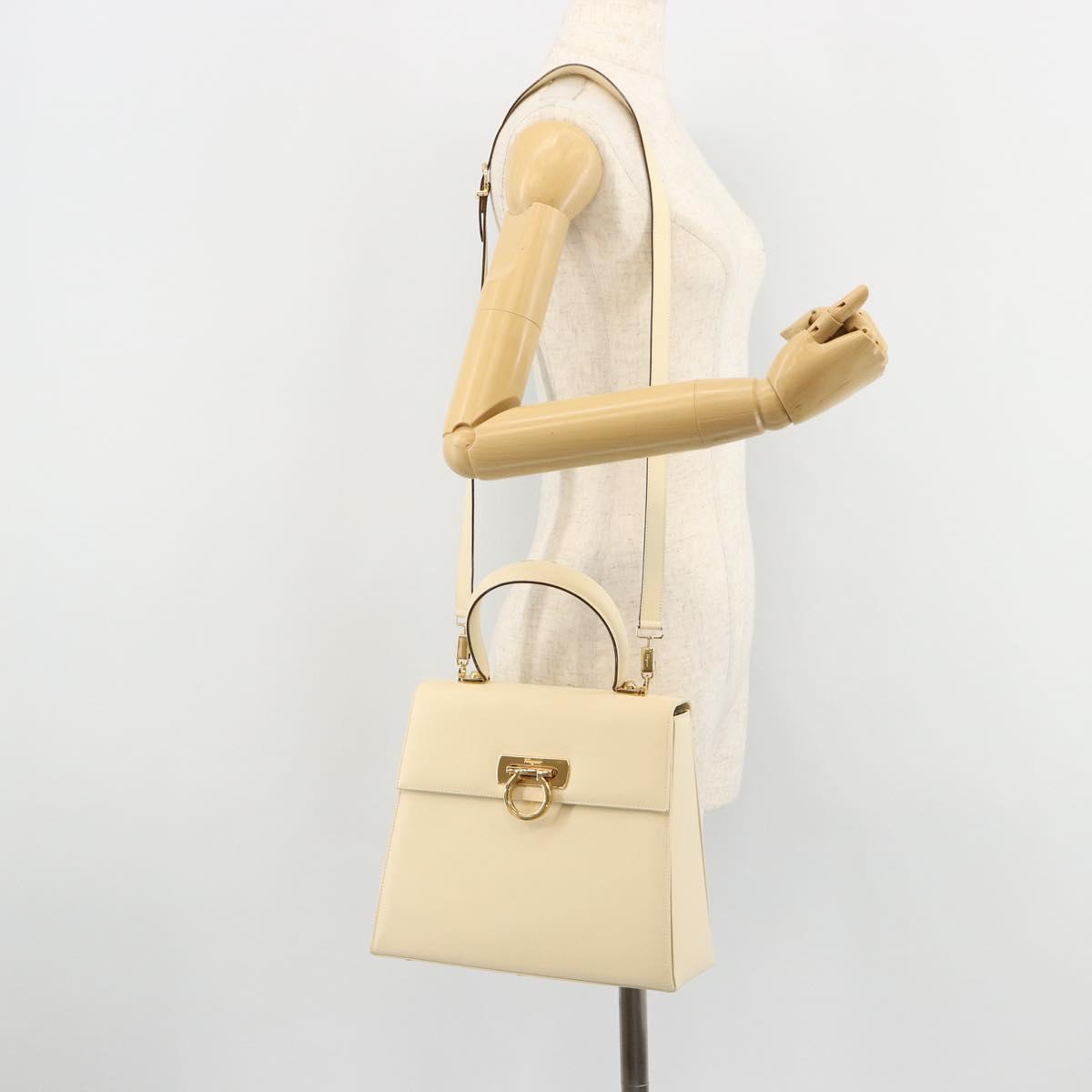 Salvatore Ferragamo Gancini Hand Bag Leather 2way Cream Gold Auth 120844