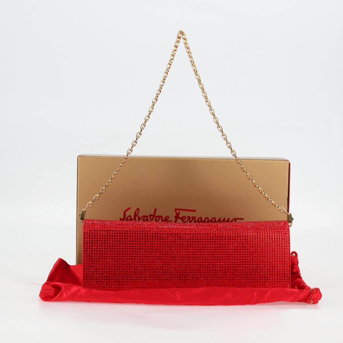 Salvatore Ferragamo Chain Swarovski Shoulder Bag Satin Red Gold Auth 120862V