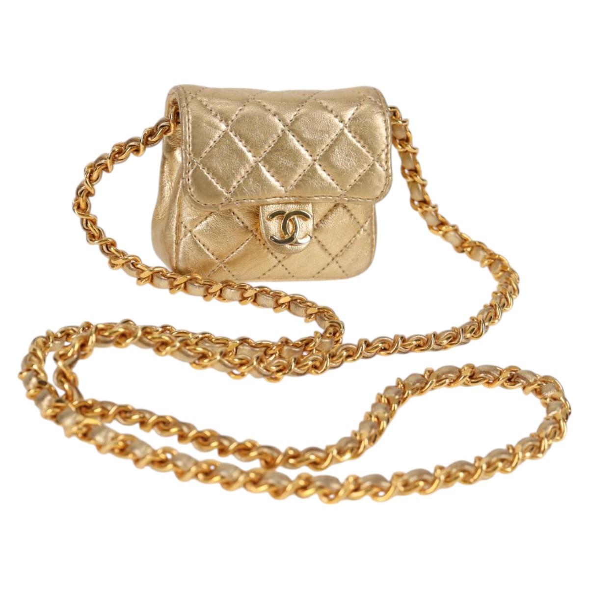 CHANEL Mini Mini Matelasse Chain Bag Lamb Skin Gold Tone CC Auth 120870AV