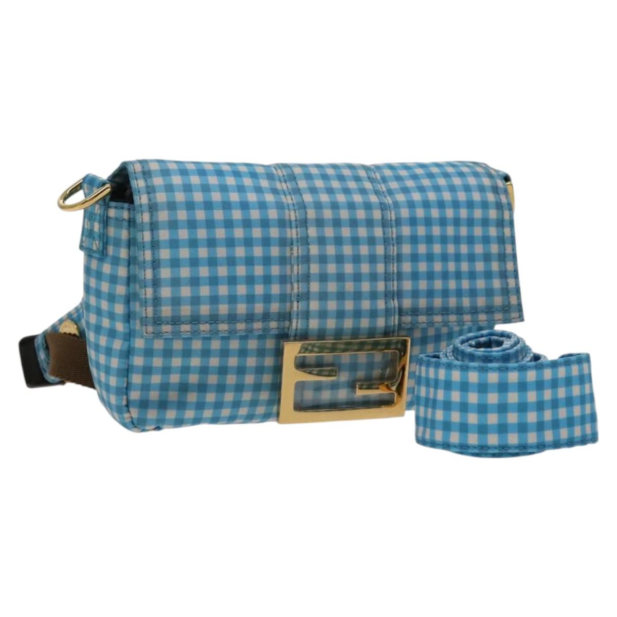 FENDI Mamma Baguette Shoulder Bag Nylon 2way Light Blue Gold Auth 120903