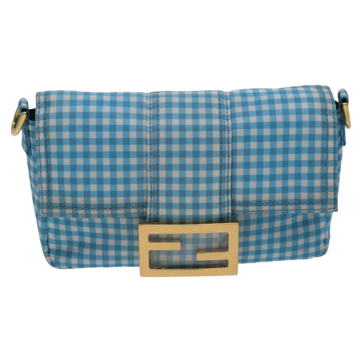 FENDI Mamma Baguette Shoulder Bag Nylon 2way Light Blue Gold Auth 120903